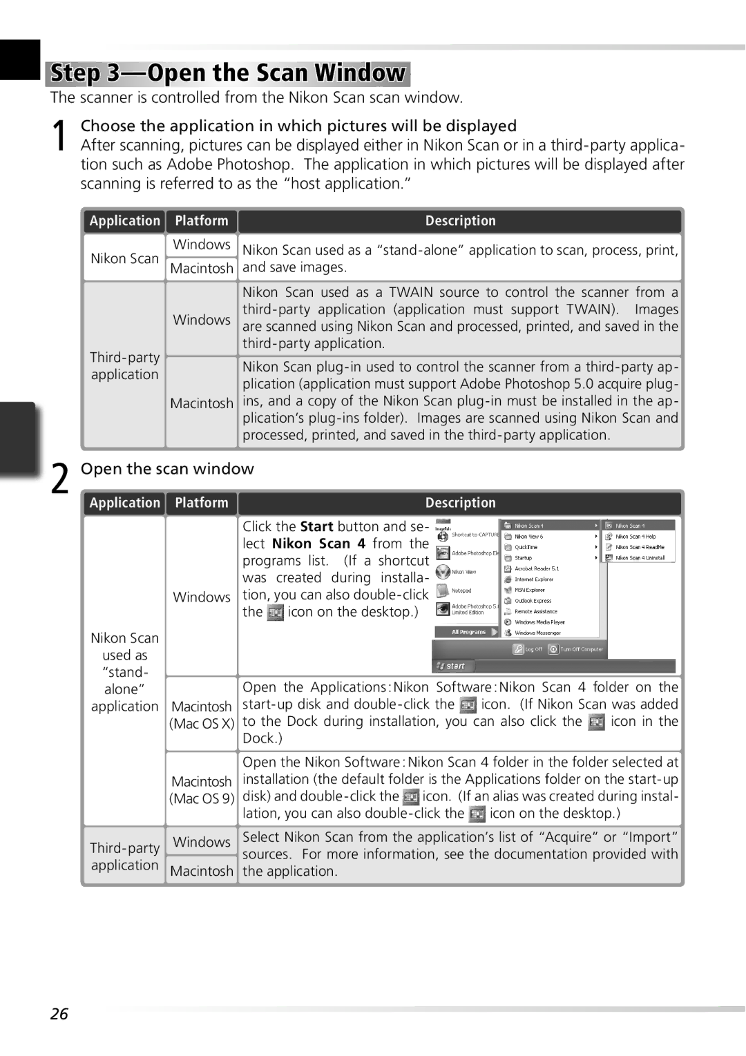 Nikon 5000ED user manual Open the Scan Window, Description, Application Platform 