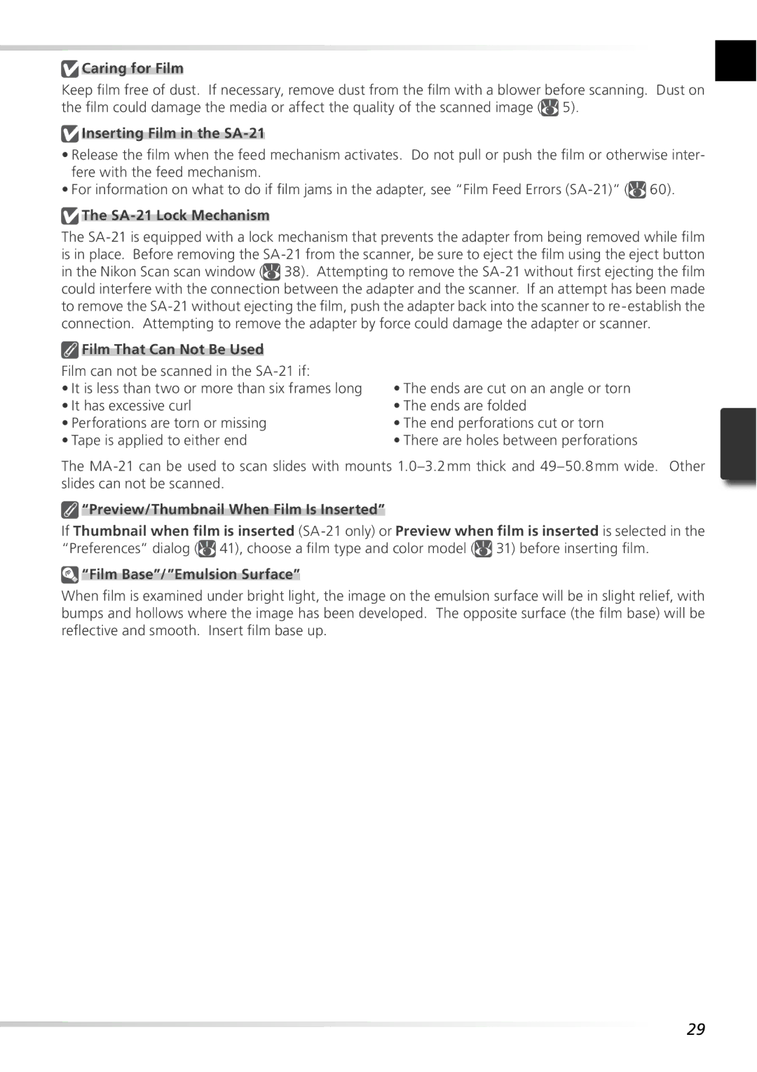 Nikon 5000ED user manual Caring for Film, Inserting Film in the SA-21, SA-21 Lock Mechanism, Film That Can Not Be Used 