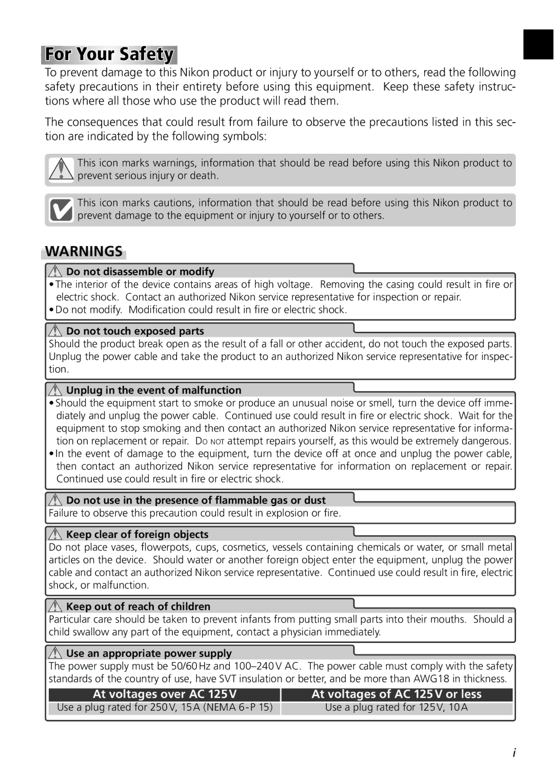 Nikon 5000ED user manual For Your Safety, At voltages of AC 125 V or less 