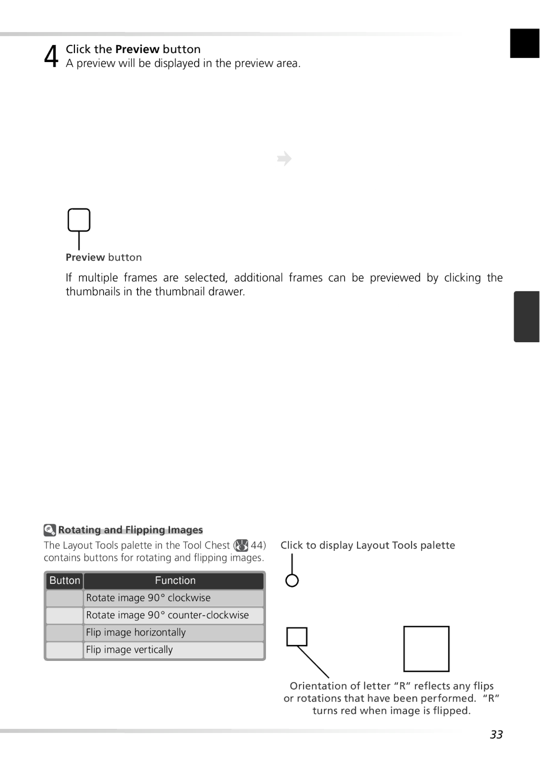 Nikon 5000ED user manual Preview button, Rotating and Flipping Images, ButtonFunction 