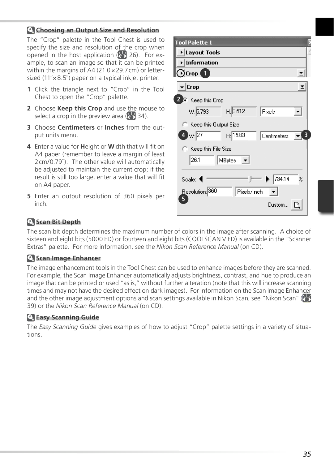 Nikon 5000ED user manual Choosing an Output Size and Resolution, Scan Bit Depth, Scan Image Enhancer, Easy Scanning Guide 