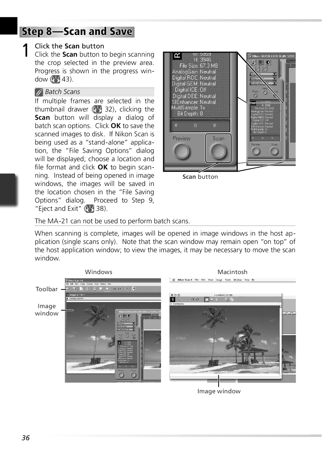 Nikon 5000ED user manual Scan and Save, Click the Scan button, Batch Scans 