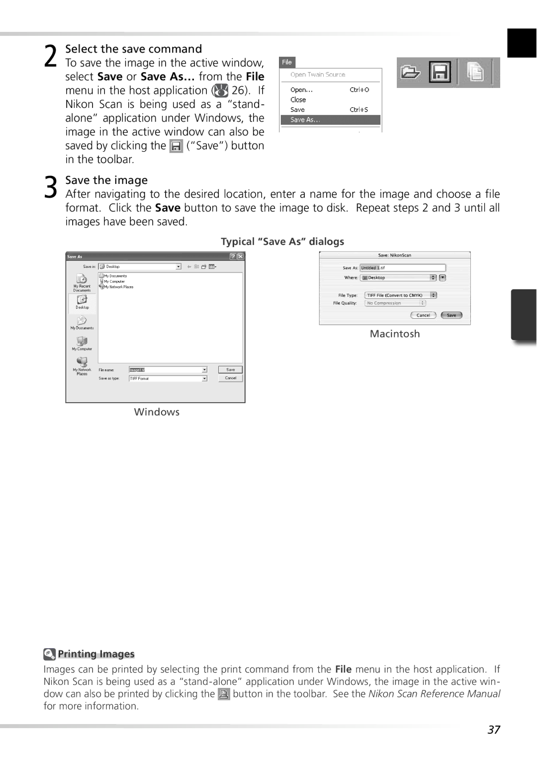 Nikon 5000ED user manual Select the save command, Typical Save As dialogs, Printing Images 