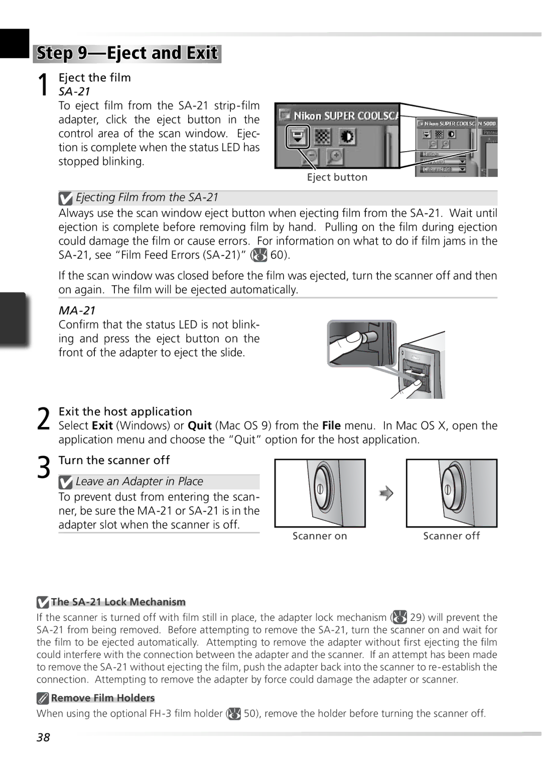 Nikon 5000ED user manual Eject and Exit, Ejecting Film from the SA-21, MA-21, Leave an Adapter in Place 