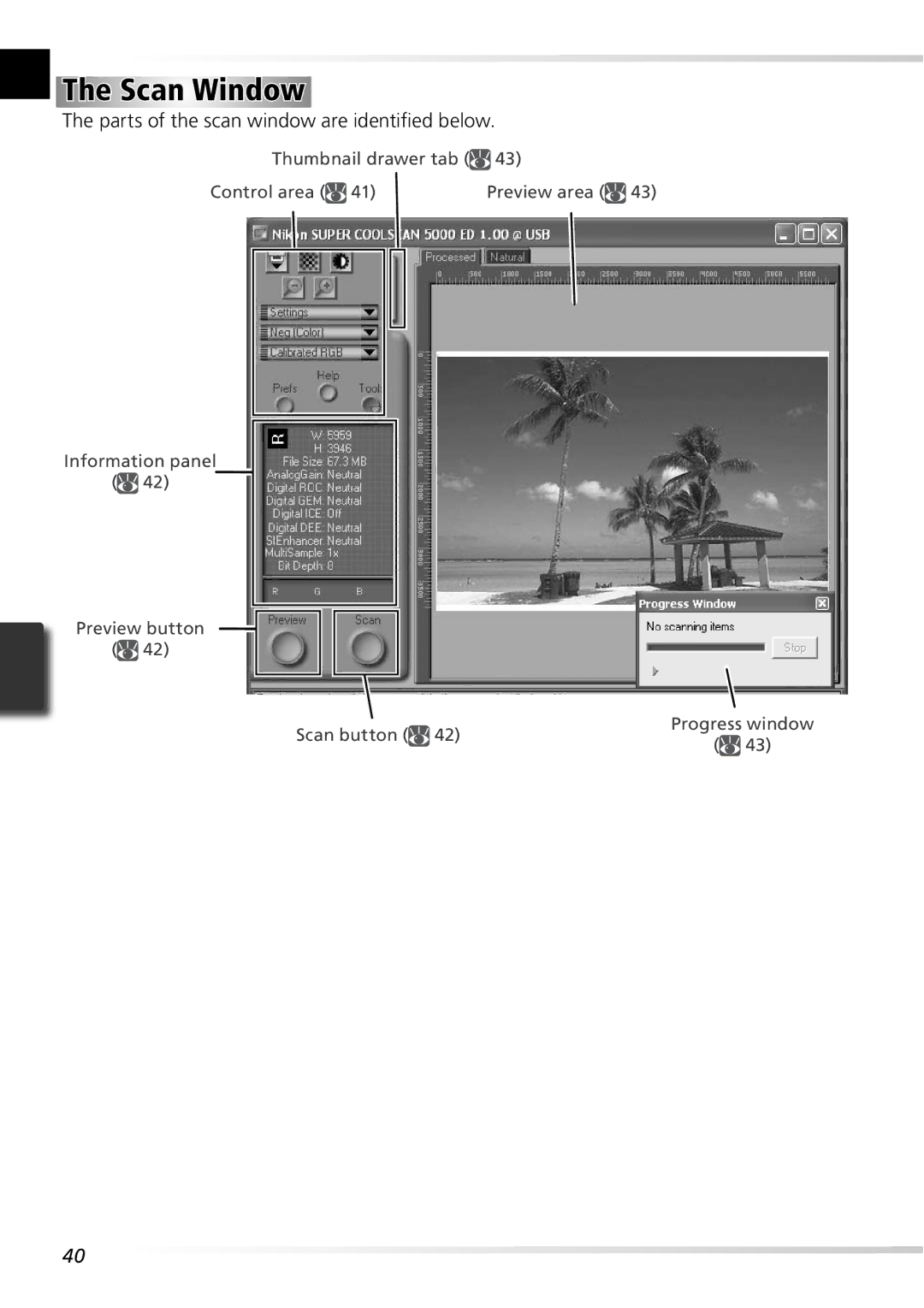 Nikon 5000ED user manual Scan Window, Parts of the scan window are identiﬁed below 