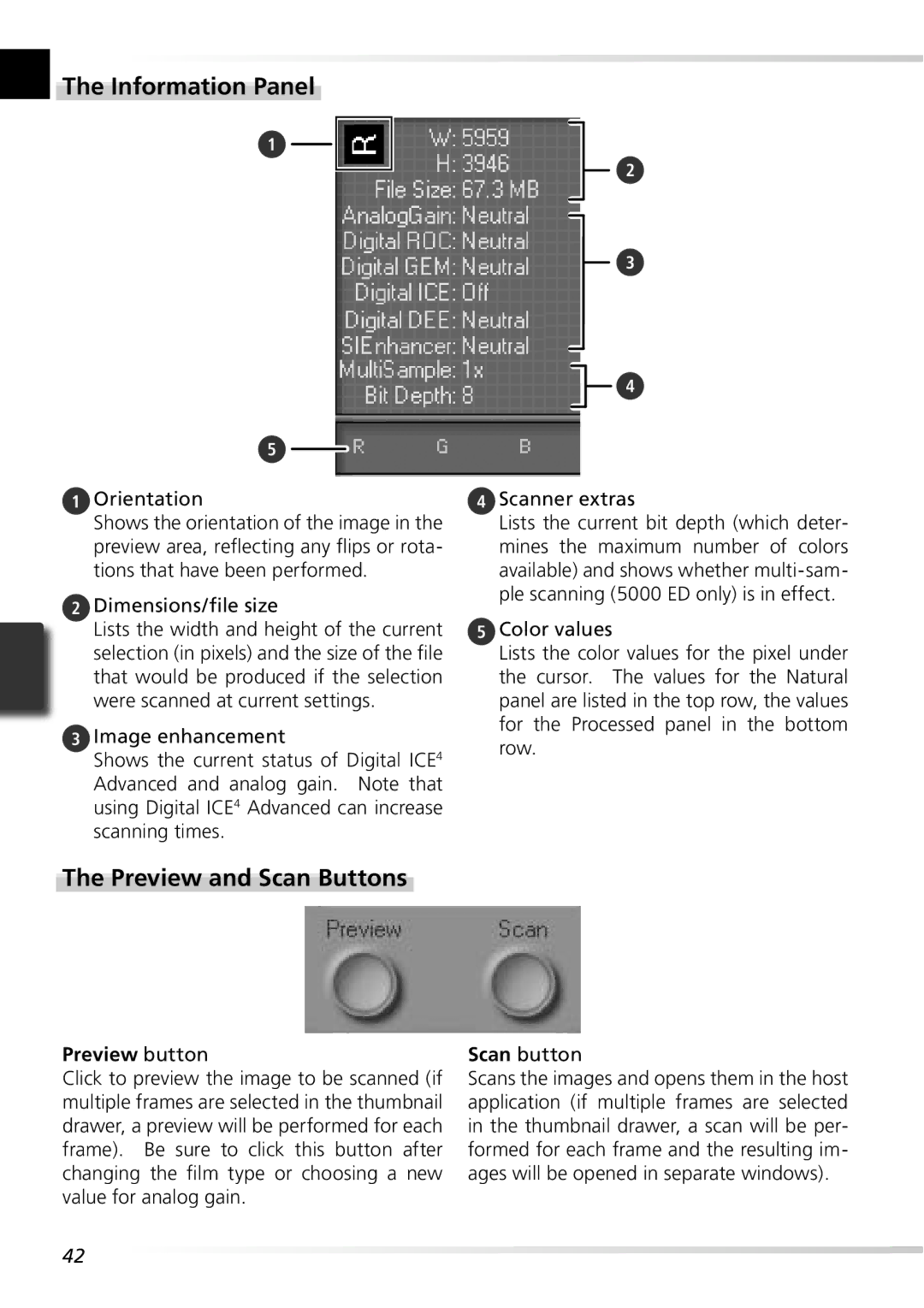 Nikon 5000ED user manual Information Panel, Preview and Scan Buttons, Preview button, Scan button 