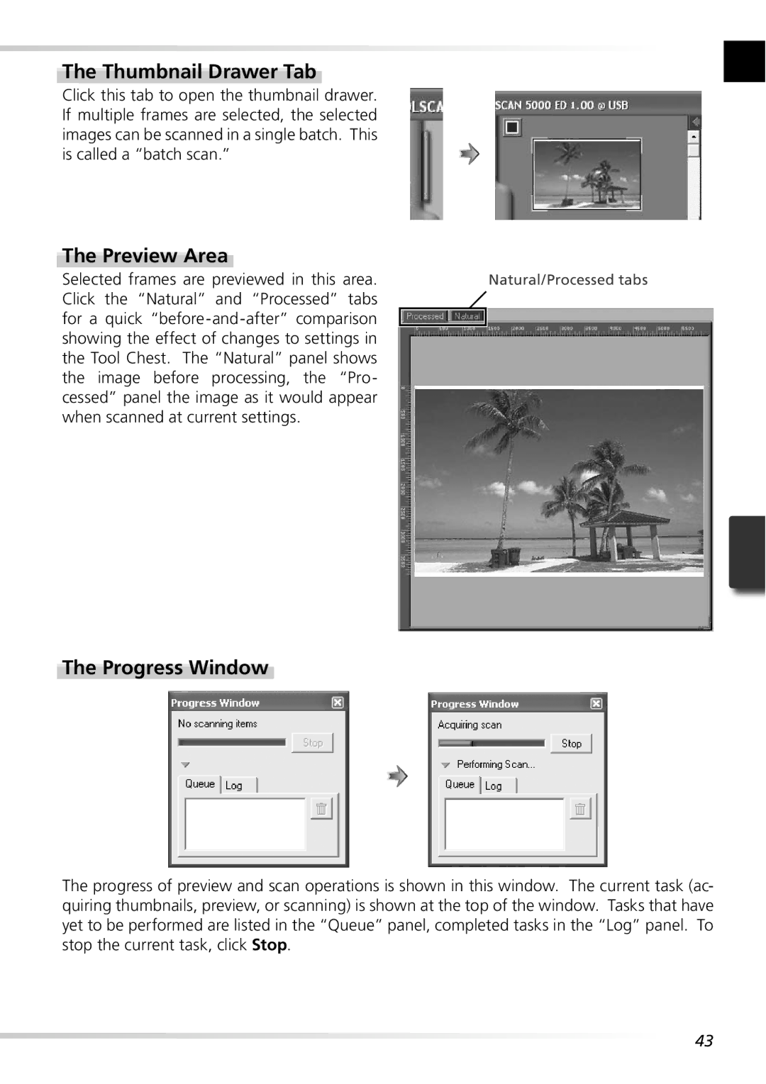 Nikon 5000ED user manual Thumbnail Drawer Tab, Preview Area, Progress Window 