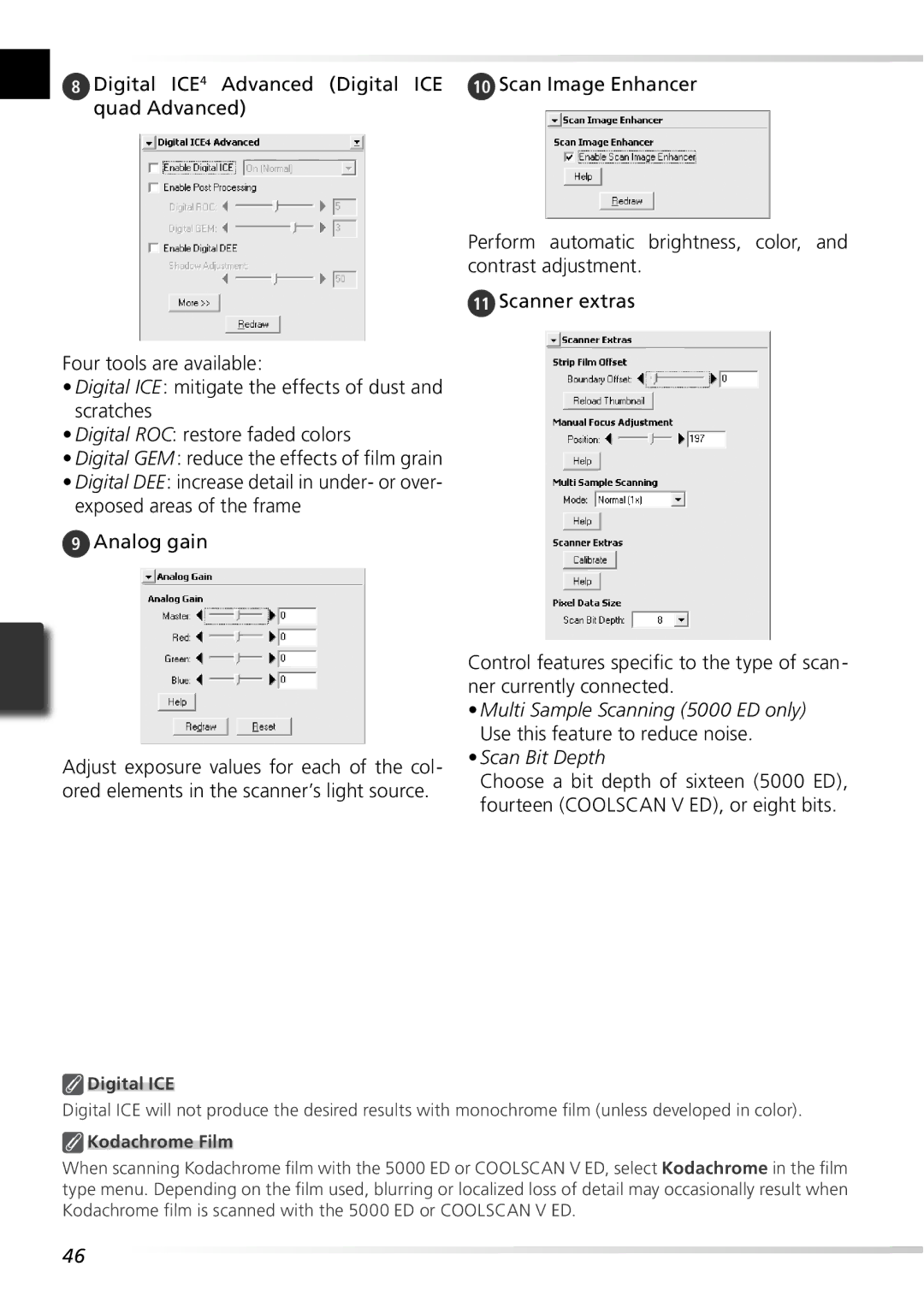 Nikon 5000ED user manual Scan Bit Depth, Digital ICE, Kodachrome Film 