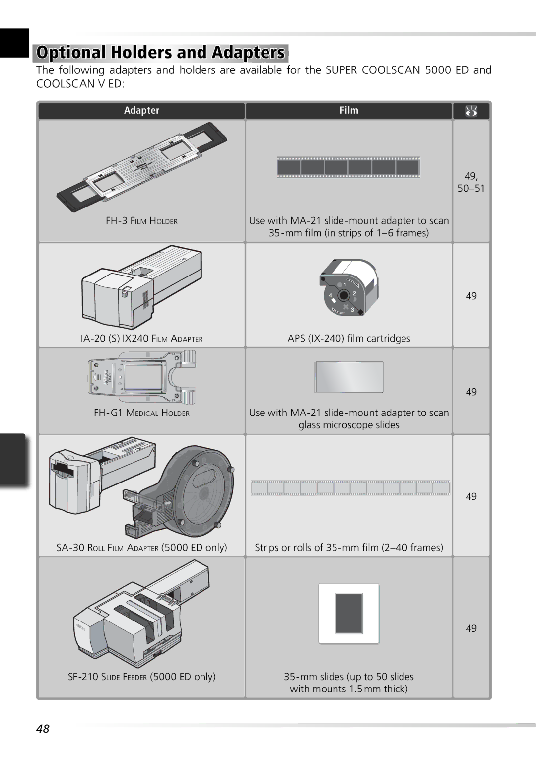 Nikon 5000ED user manual Optional Holders and Adapters 