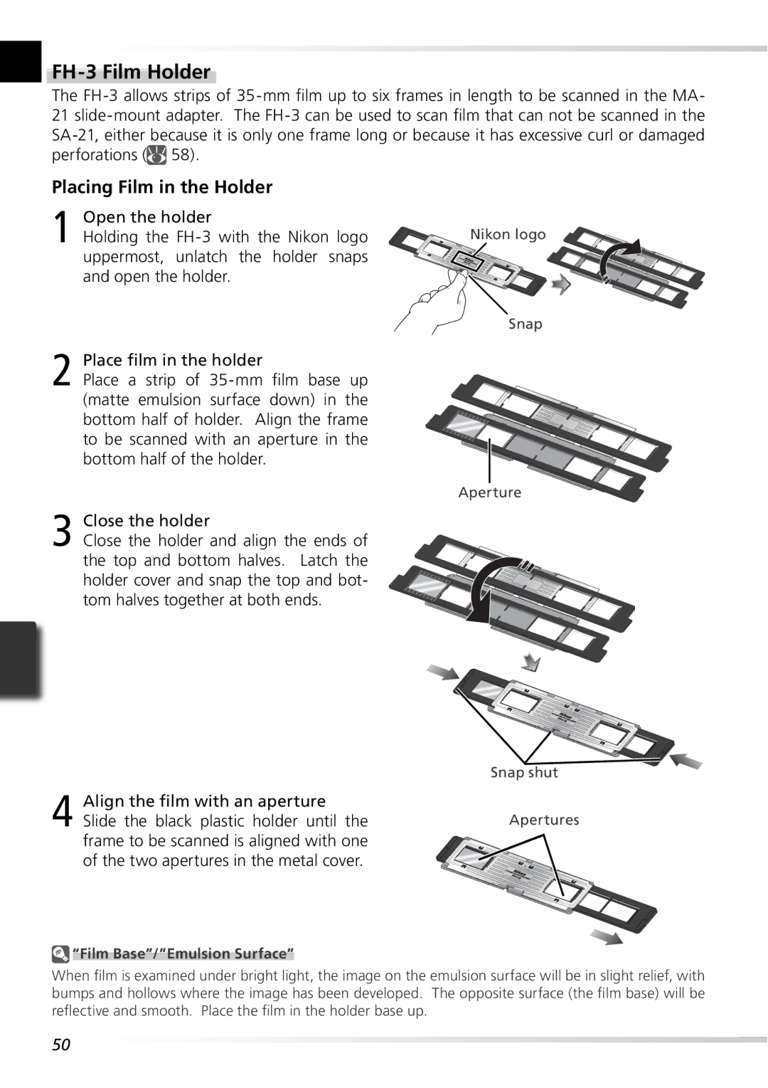 Nikon 5000ED user manual FH-3 Film Holder, Open the holder Holding the FH-3 with the Nikon logo 