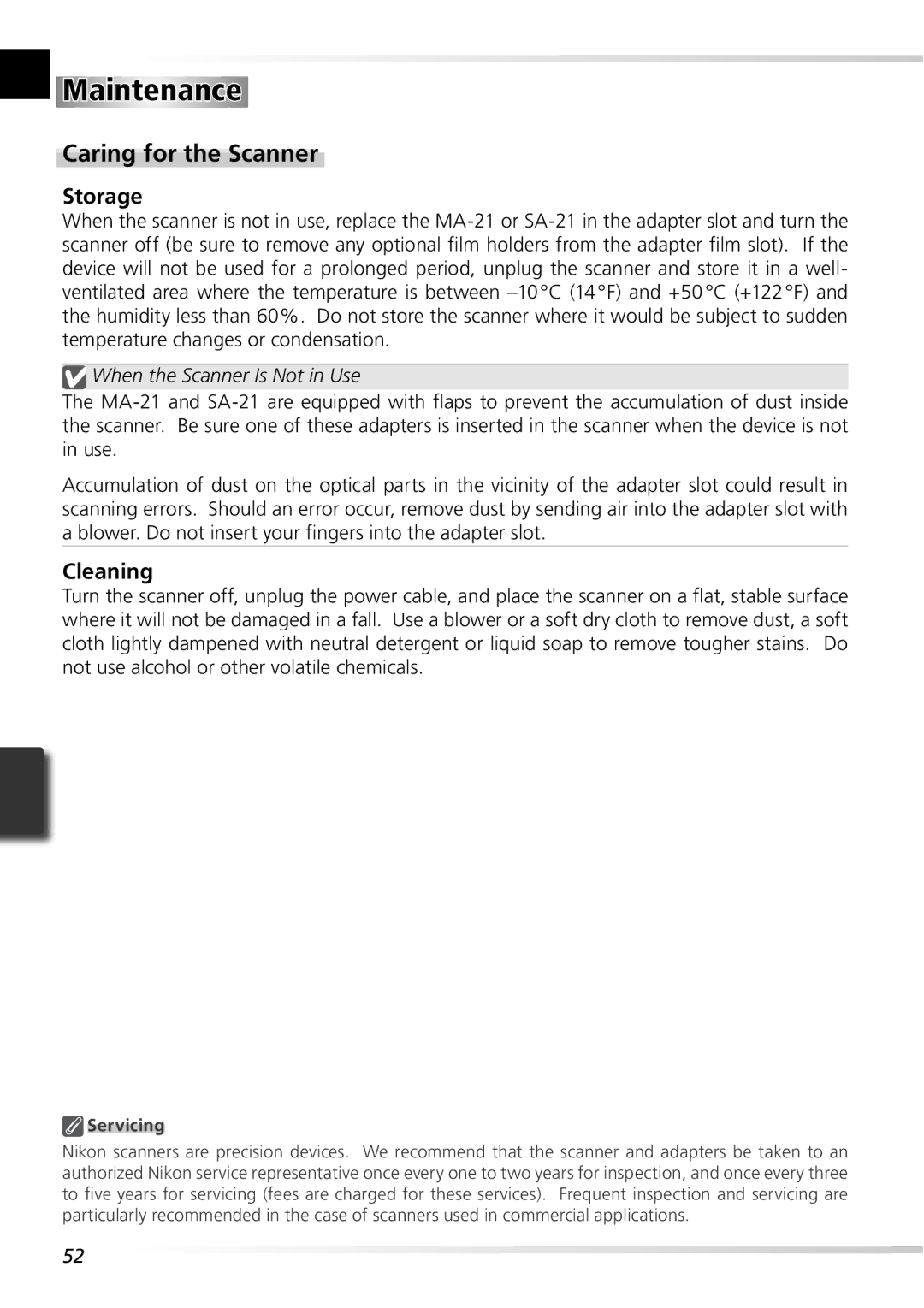 Nikon 5000ED user manual Maintenance, Caring for the Scanner, When the Scanner Is Not in Use, Servicing 