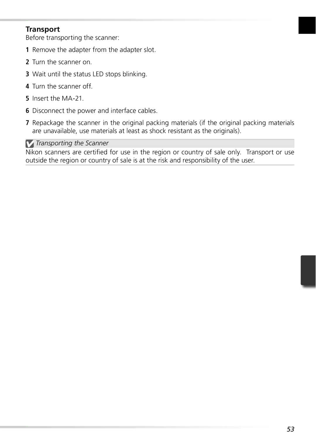 Nikon 5000ED user manual Transporting the Scanner 