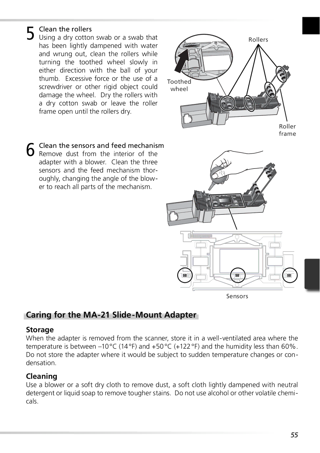 Nikon 5000ED user manual Caring for the MA-21 Slide-Mount Adapter, Rollers Toothed Wheel 