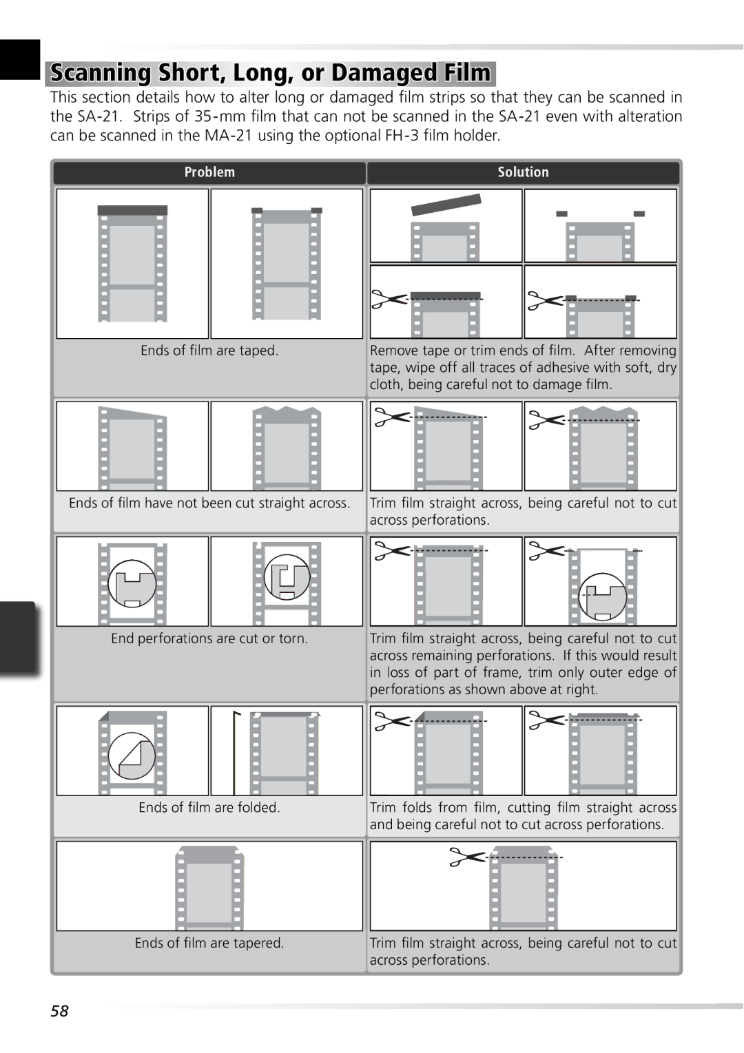 Nikon 5000ED user manual Scanning Short, Long, or Damaged Film, Problem Solution 