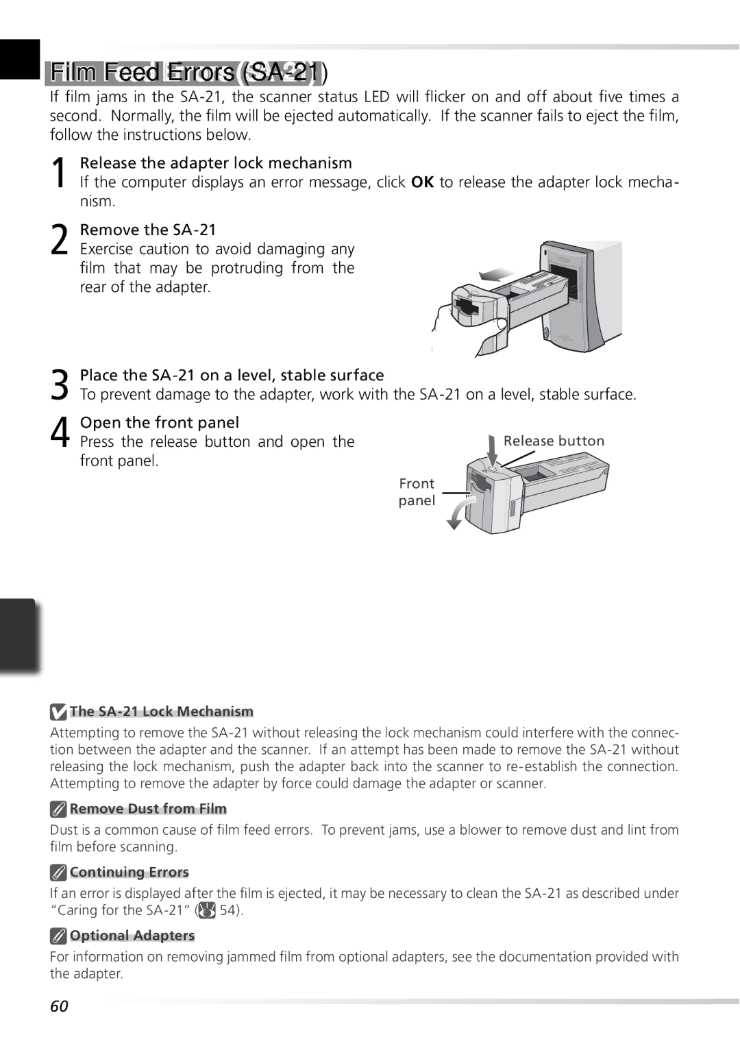 Nikon 5000ED user manual Film Feed Errors SA-21, Open the front panel Press the release button and open, Front panel 