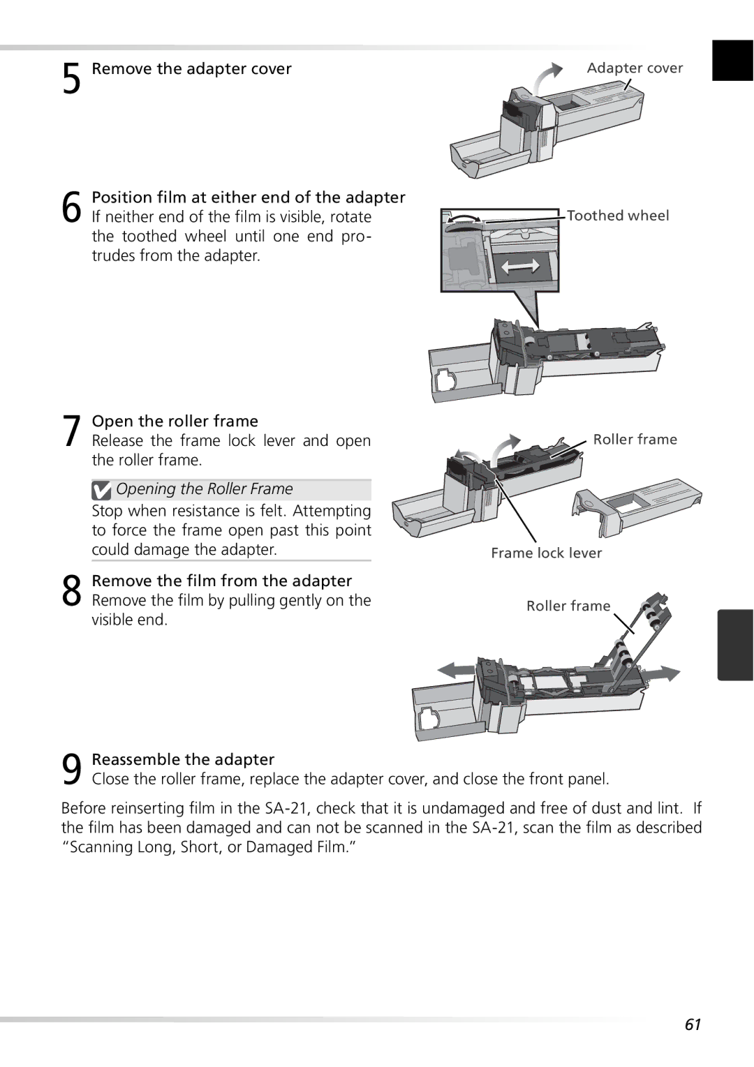 Nikon 5000ED user manual Adapter cover Toothed wheel Roller frame Frame lock lever 