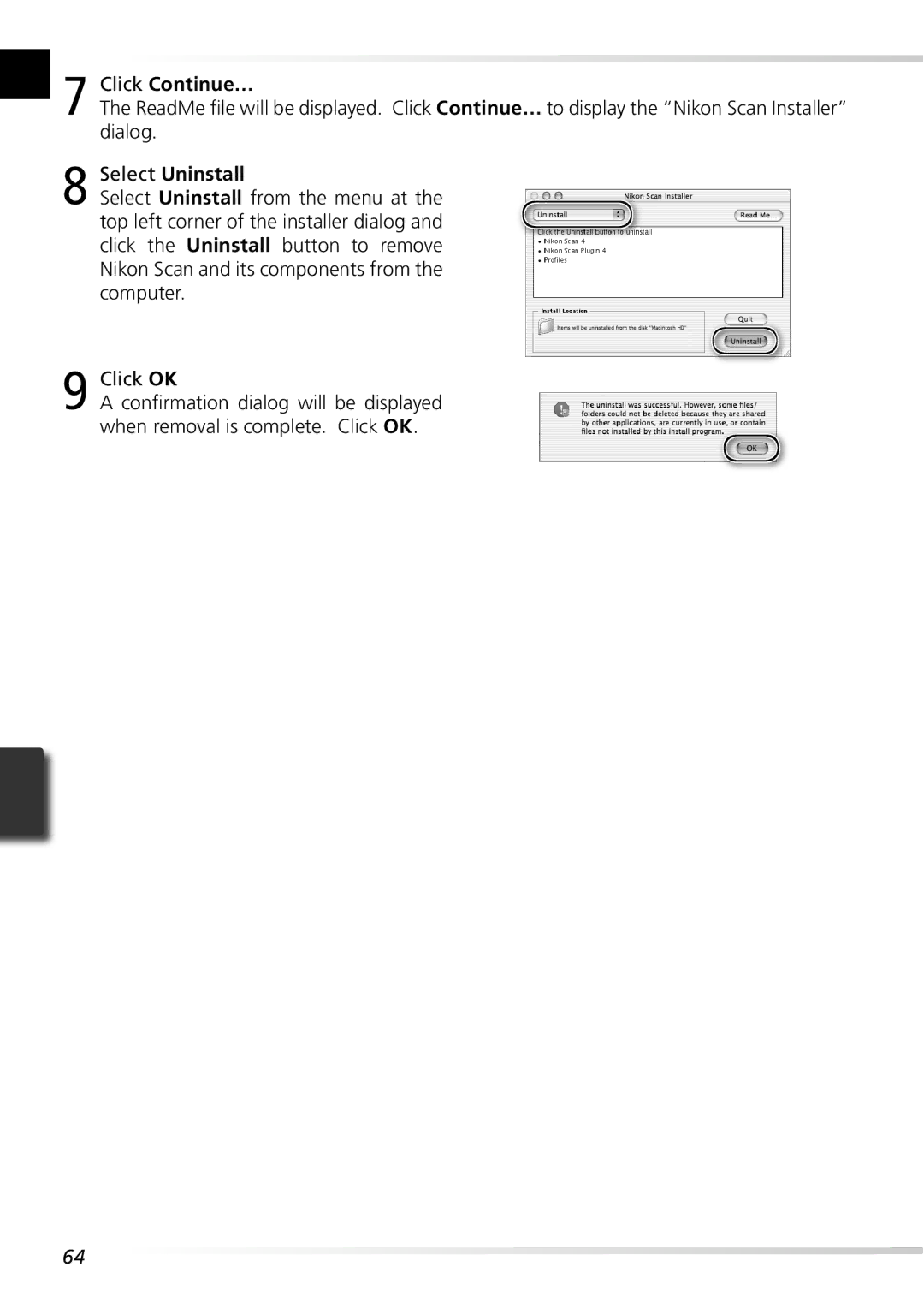 Nikon 5000ED user manual Click Continue…, Select Uninstall 
