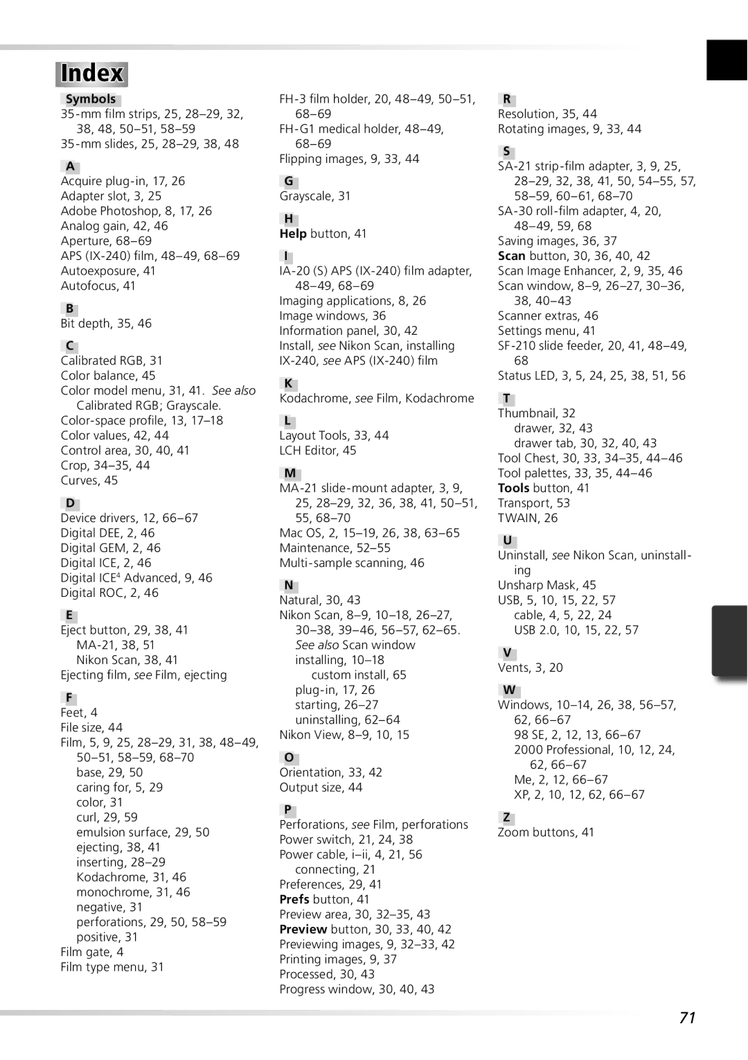 Nikon 5000ED user manual Index, Symbols 