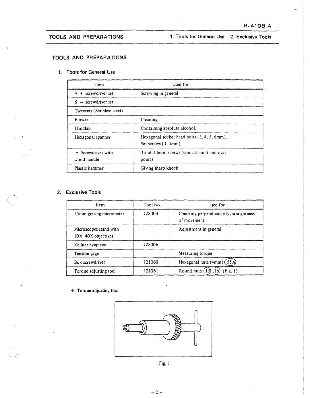 Nikon 50i and E100 manual Toais for General Use 2. Exclusive Toais, Tools for General Use, Exclusive Tools, 4108.A 