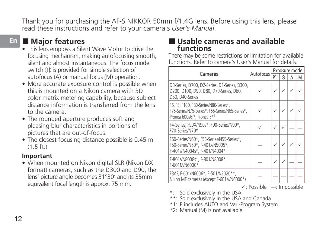 Nikon 50mmf14G, 50mm f/1.4G user manual En „ Major features, „ Usable cameras and available Functions 