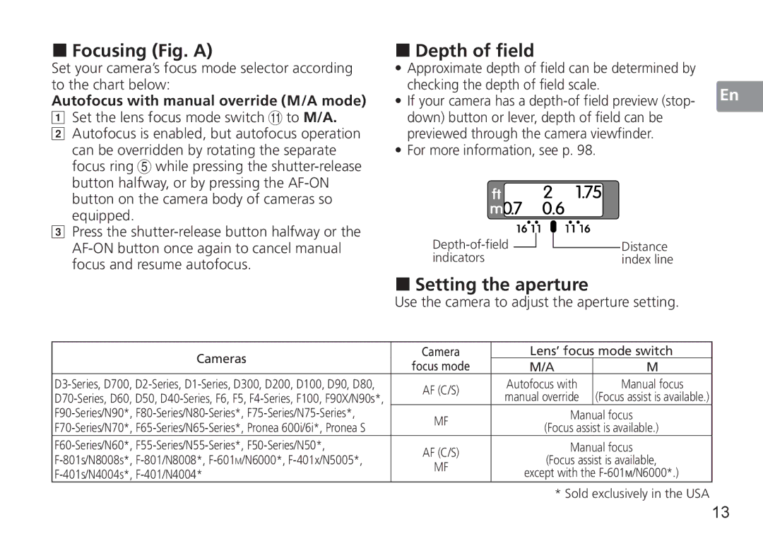 Nikon 50mm f/1.4G „ Focusing Fig. a „ Depth of field, „ Setting the aperture, Autofocus with manual override M/A mode 