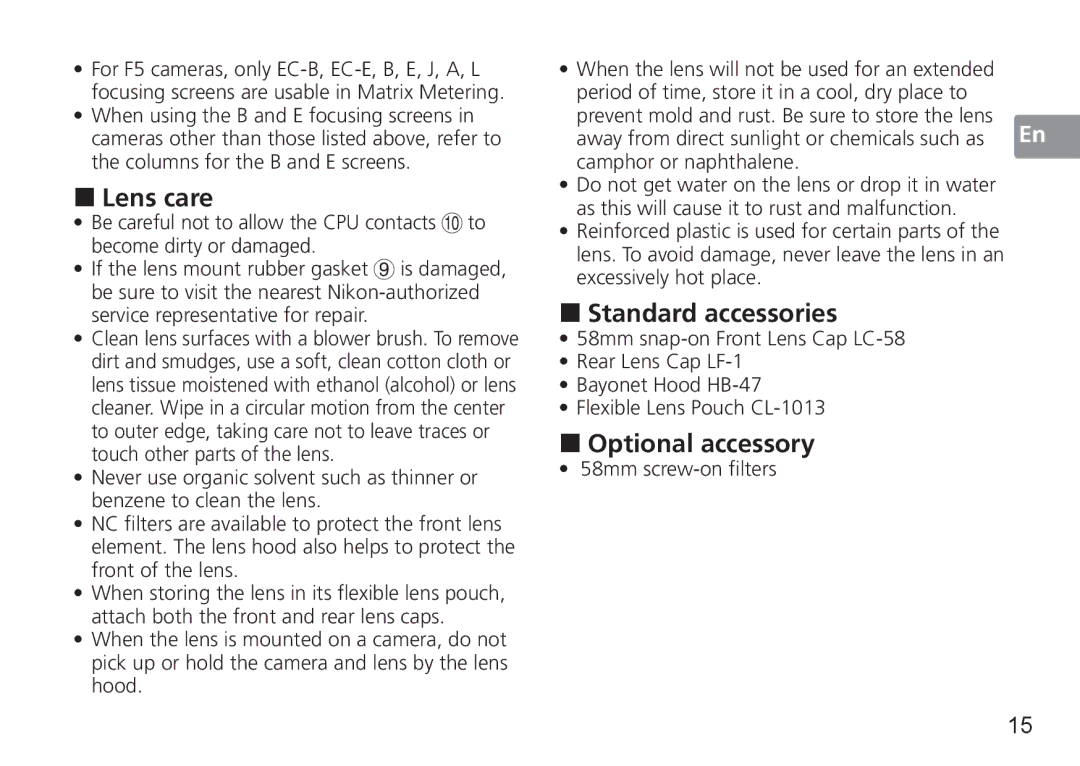 Nikon 50mm f/1.4G, 50mmf14G user manual „ Lens care, „ Standard accessories, „ Optional accessory, 58mm screw-on filters 