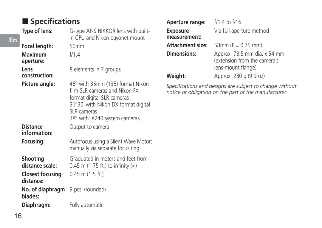 Nikon 50mmf14G, 50mm f/1.4G user manual „ Specifications 