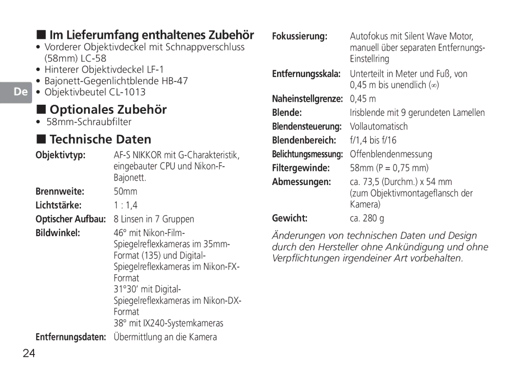 Nikon 50mmf14G, 50mm f/1.4G user manual „ Optionales Zubehör, „ Technische Daten 