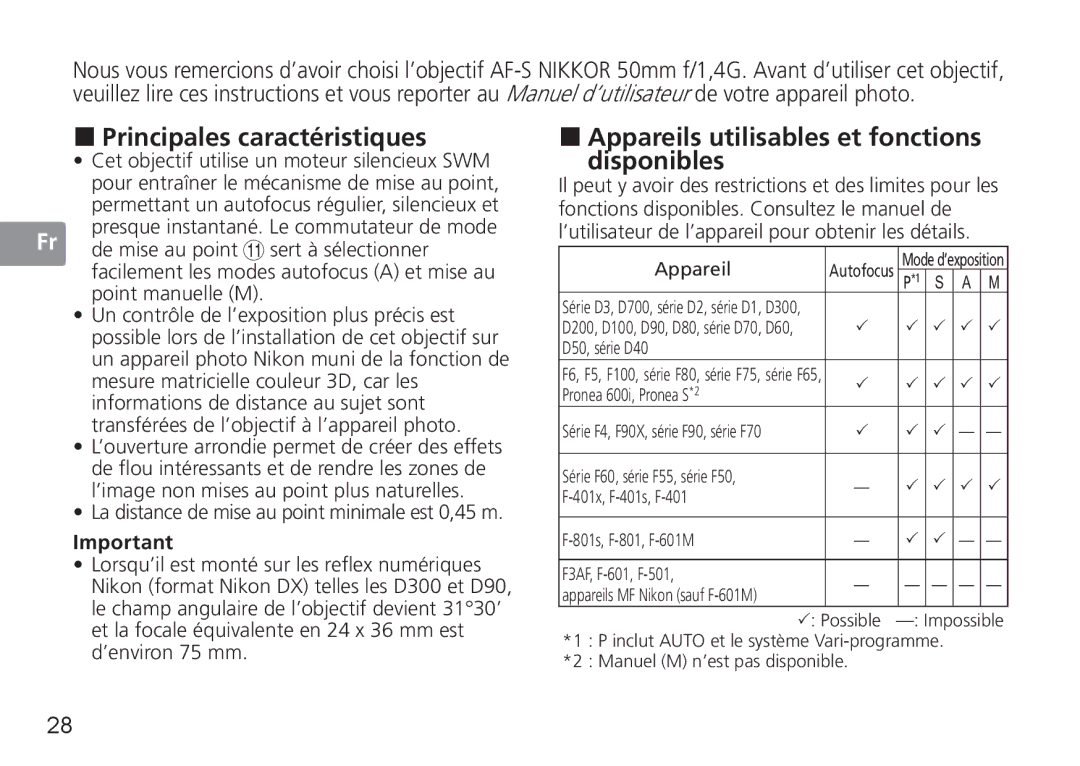 Nikon 50mmf14G, 50mm f/1.4G user manual „ Principales caractéristiques, „ Appareils utilisables et fonctions disponibles 