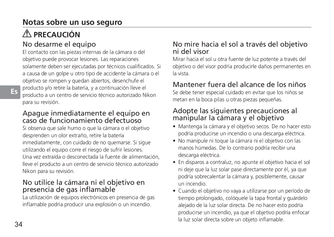 Nikon 50mmf14G, 50mm f/1.4G user manual Notas sobre un uso seguro, El contacto con las piezas internas de la cámara o del 