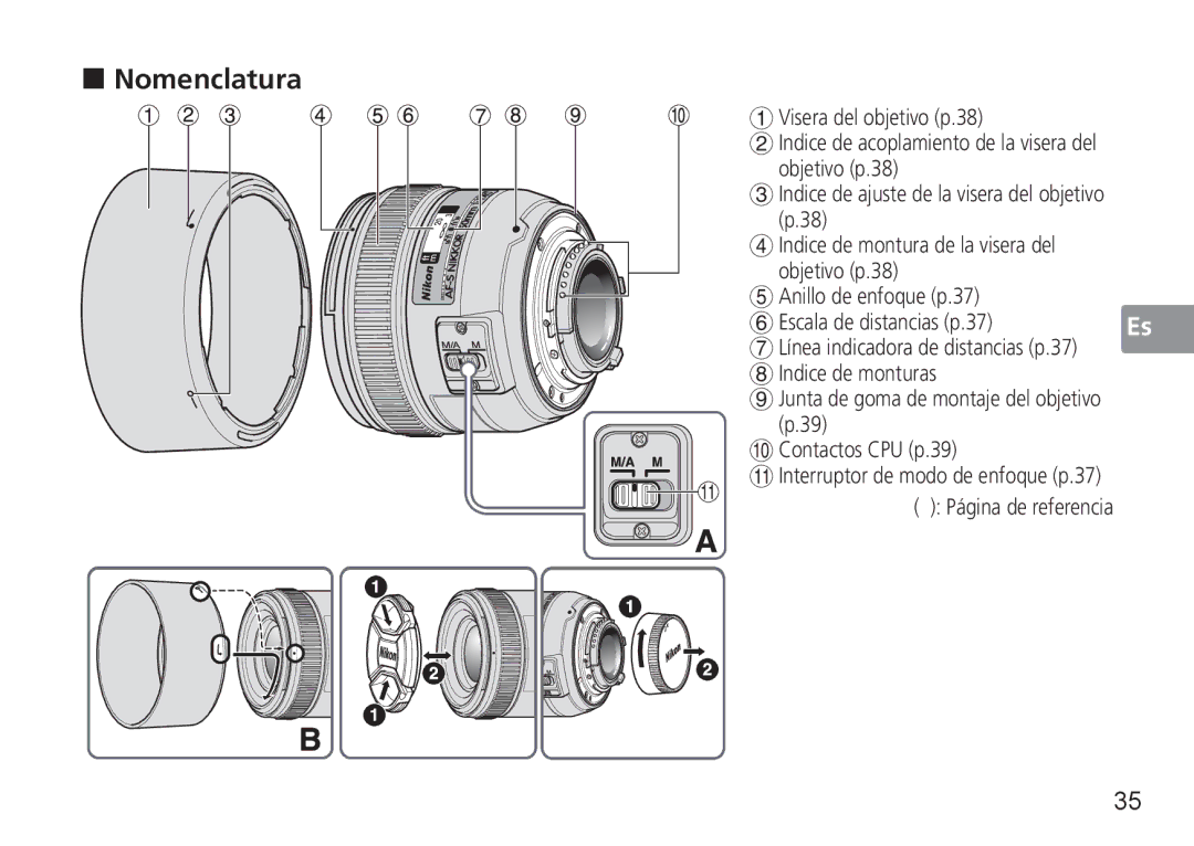 Nikon 50mm f/1.4G, 50mmf14G user manual „ Nomenclatura, Interruptor de modo de enfoque p.37 Página de referencia 