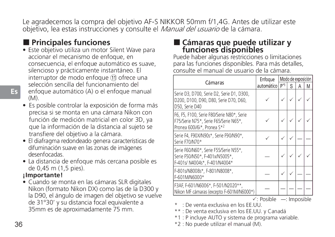 Nikon 50mmf14G „ Principales funciones, „ Cámaras que puede utilizar y Funciones disponibles, ¡Importante, D50, Serie D40 