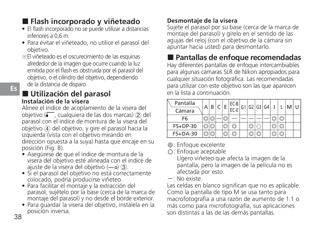 Nikon 50mmf14G user manual „ Flash incorporado y viñeteado, „ Utilización del parasol, „ Pantallas de enfoque recomendadas 