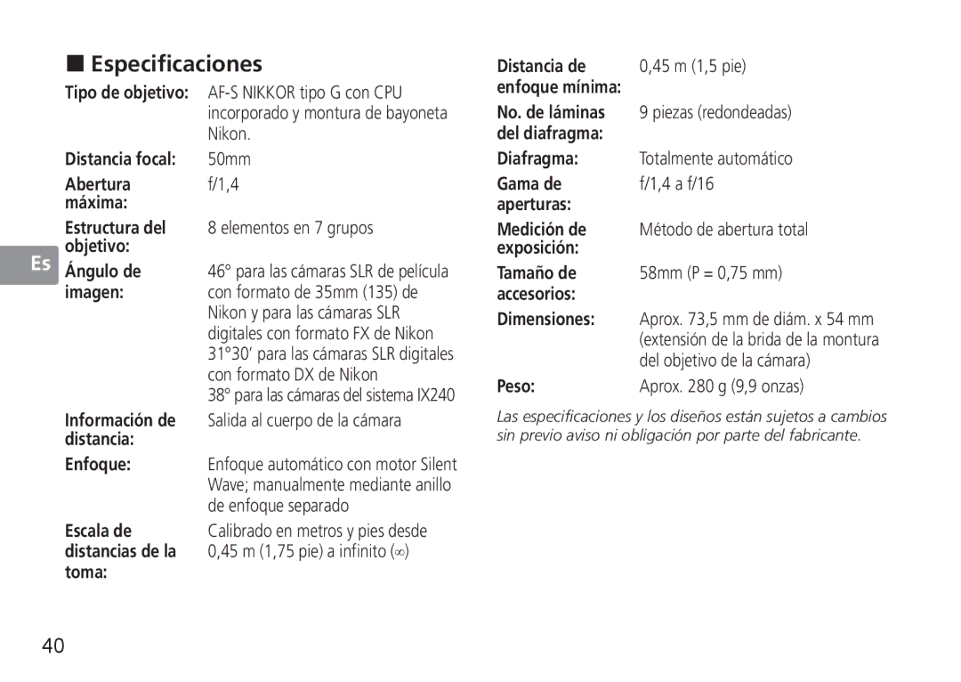 Nikon 50mmf14G, 50mm f/1.4G user manual „ Especificaciones 