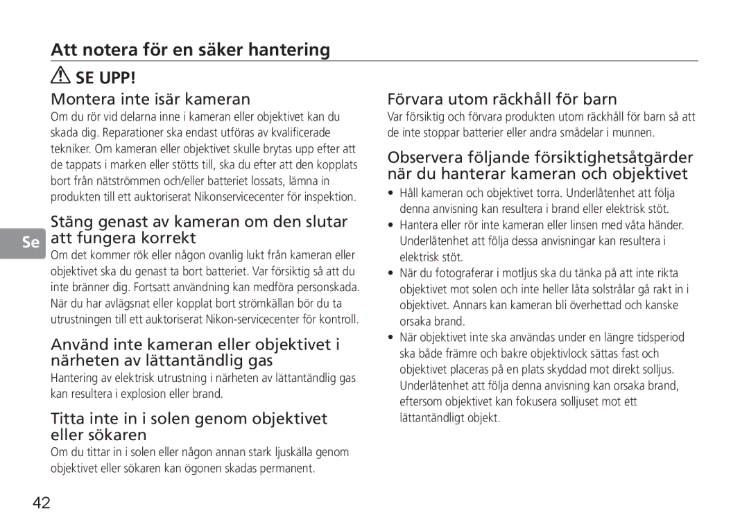 Nikon 50mmf14G, 50mm f/1.4G user manual Att notera för en säker hantering, Se Upp 