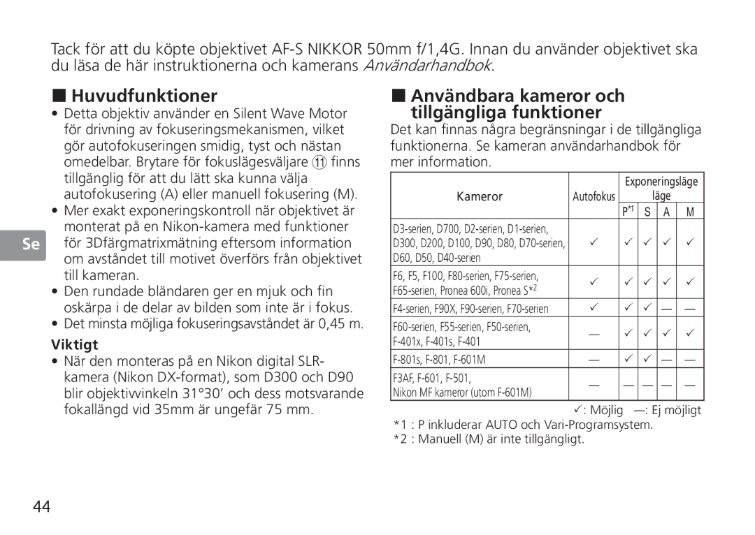 Nikon 50mmf14G, 50mm f/1.4G „ Huvudfunktioner, „ Användbara kameror och tillgängliga funktioner, Till kameran, Viktigt 