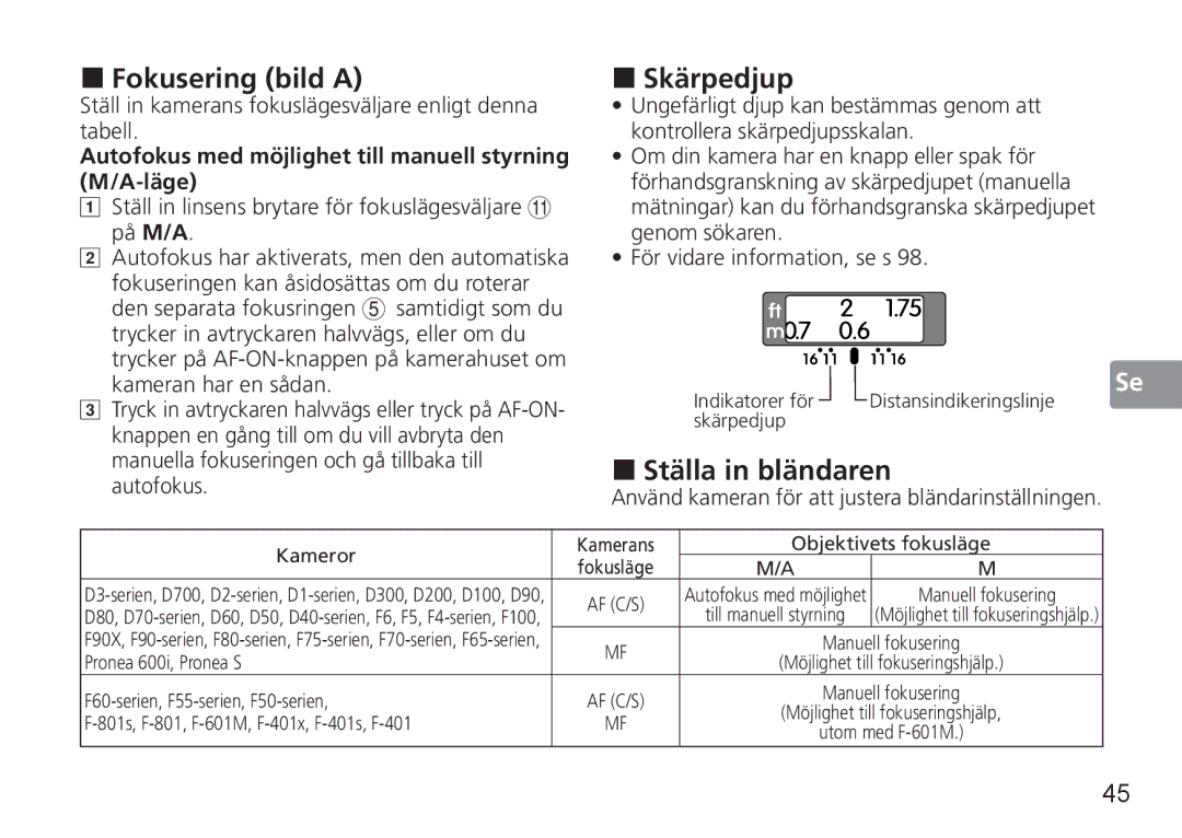 Nikon 50mm f/1.4G, 50mmf14G user manual „ Fokusering bild a, „ Skärpedjup, „ Ställa in bländaren 