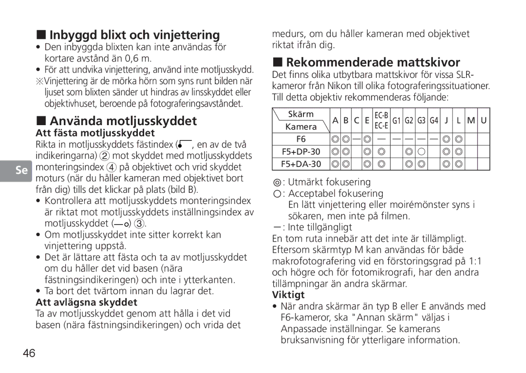 Nikon 50mmf14G, 50mm f/1.4G „ Inbyggd blixt och vinjettering, „ Använda motljusskyddet, „ Rekommenderade mattskivor 