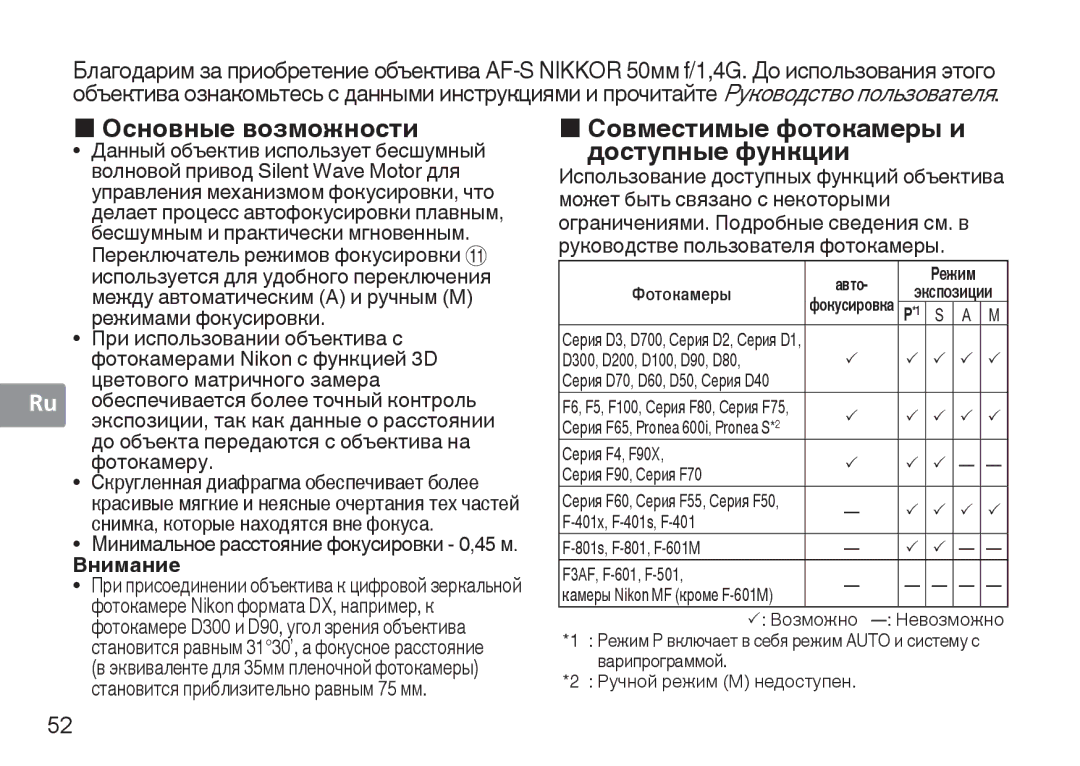 Nikon 50mmf14G „ Основные возможности, „ Совместимые фотокамеры и доступные функции, Внимание, D300, D200, D100, D90, D80 