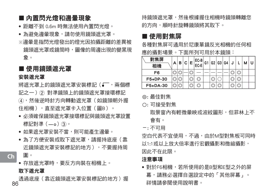 Nikon 50mmf14G, 50mm f/1.4G user manual „ 使用鏡頭遮光罩, G2 G3 G4 J L M U 