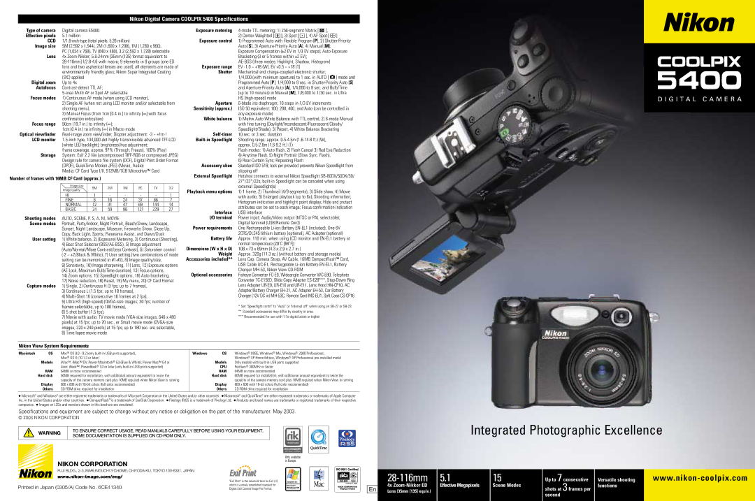 Nikon specifications Digital camera E5400, Million, Inch-type total pixels 5.26 million, SIC applied, Up to 