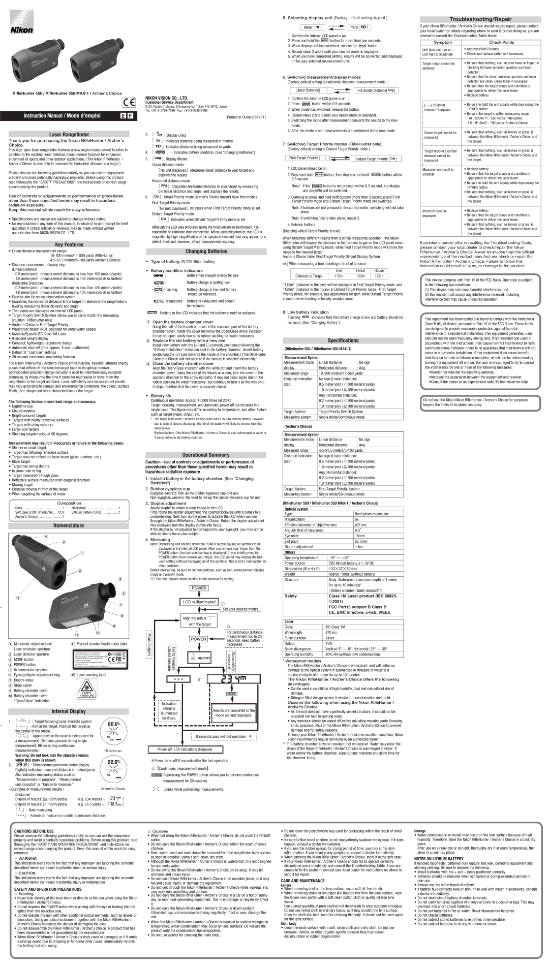 Nikon 550 MAX-1 instruction manual Laser Rangefinder, Key Features, Nomenclature, Internal Display, Changing Batteries 