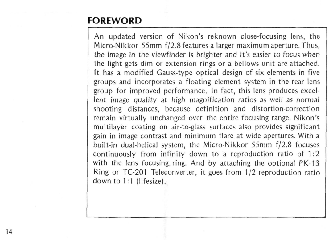 Nikon 55MM F/2B instruction manual Foreword 