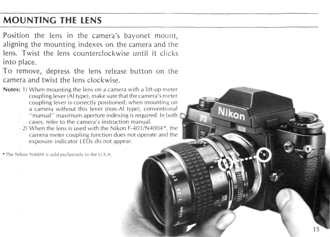 Nikon 55MM F/2B instruction manual Mounting the Lens 