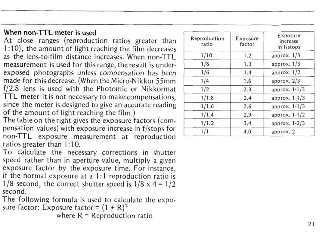 Nikon 55MM F/2B instruction manual When non-TTL meter is used, At close ranges reproduction ratios greater than 