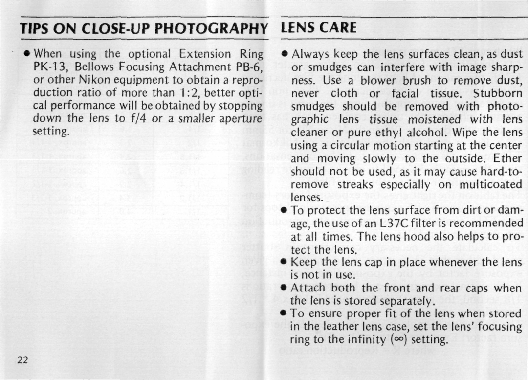 Nikon 55MM F/2B instruction manual Tips on CLOSE-UP Photography Lens Care 