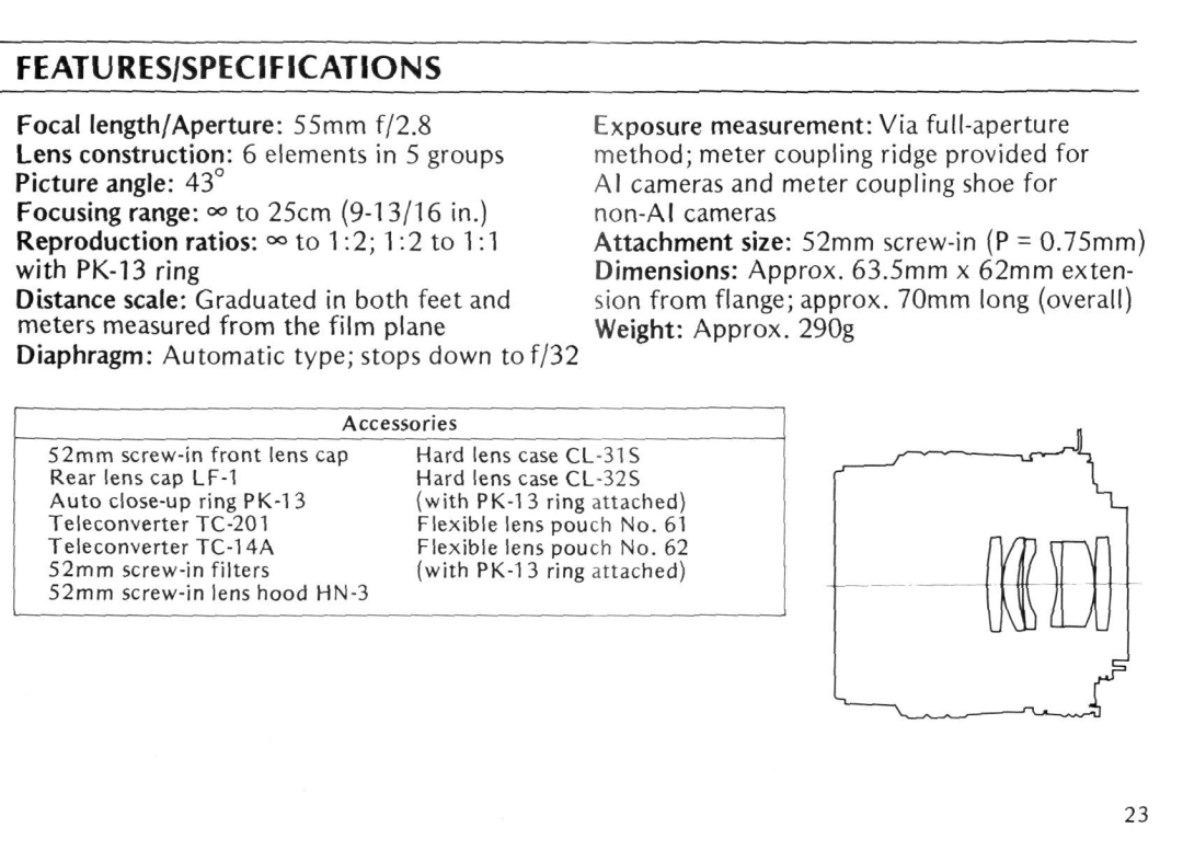 Nikon 55MM F/2B instruction manual Features/Specifications, Focal length/Aperture 55mm f/2.8, Picture angle 