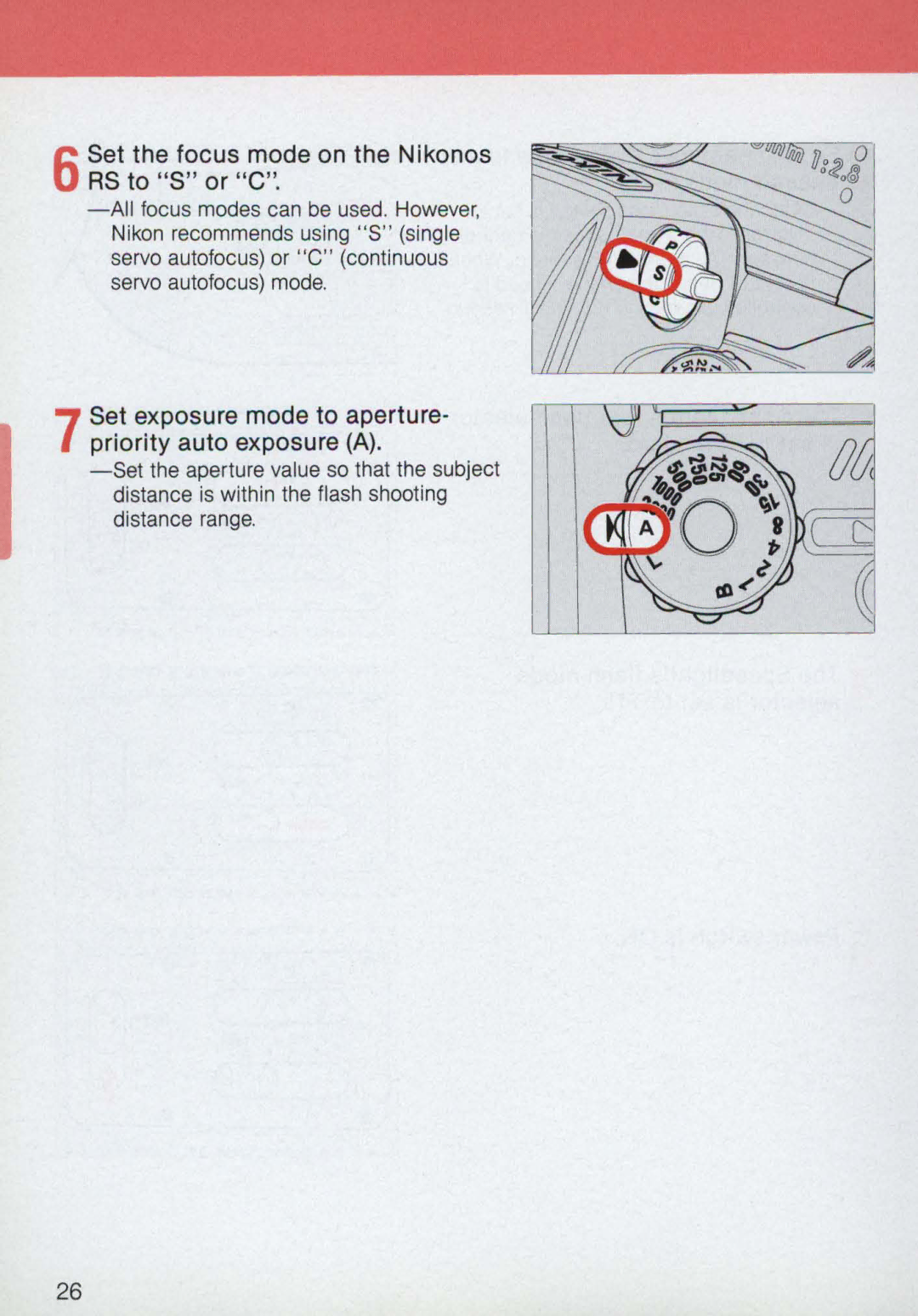 Nikon 58-104 manual 6Set the focus mode on the Nikonos RS to S or C, Set exposure mode to aperture Priority auto exposure a 