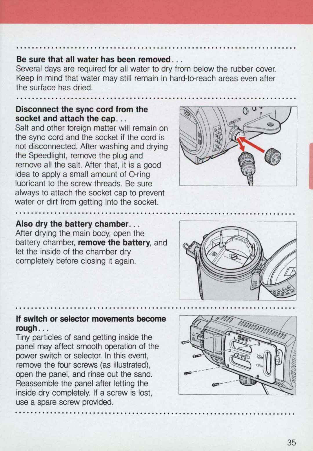 Nikon 58-104 manual Be sure that all water has been removed, Disconnect the sync cord from the socket and attach the cap 