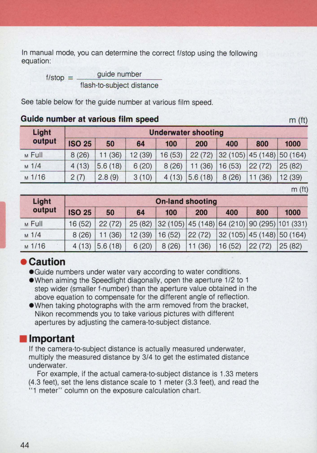 Nikon 58-104 manual Guide number at various film speed Light, Output 